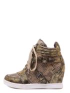 Romwe Golden Snakeskin Round Toe Lace-up High Top Wedges