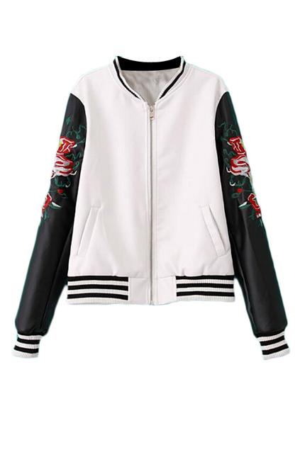 Romwe Color Block Embroidered Pu Sleeved Coat