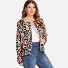 Romwe Plus Contrast Tape Open Front Botanical Coat