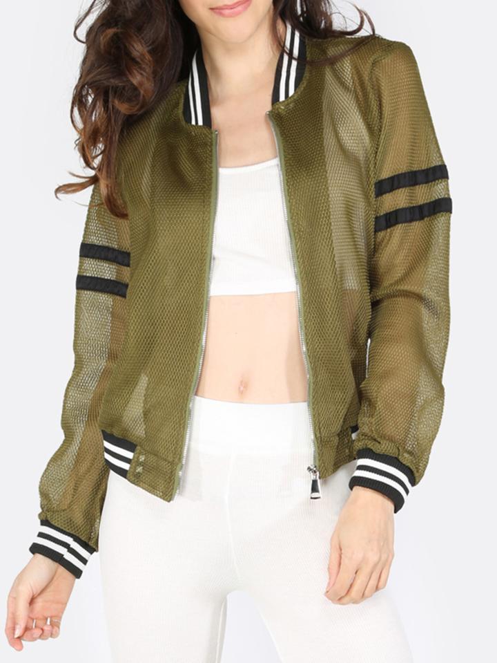 Romwe Army Green Zipper Striped Hem Jacket