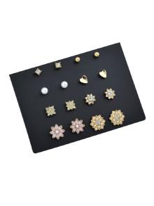 Romwe 8 Pairs/set Simulated-pearl And Rhinestone Flower Cute Earrings
