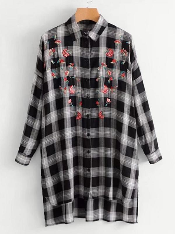 Romwe Embroidered Step Hem Plaid Shirt Dress