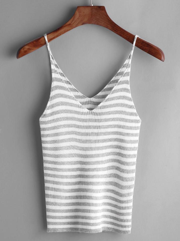 Romwe Grey Striped Dual V Neck Slim Cami Top