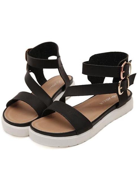 Romwe Double Buckled Straps Flatform Black Sandals