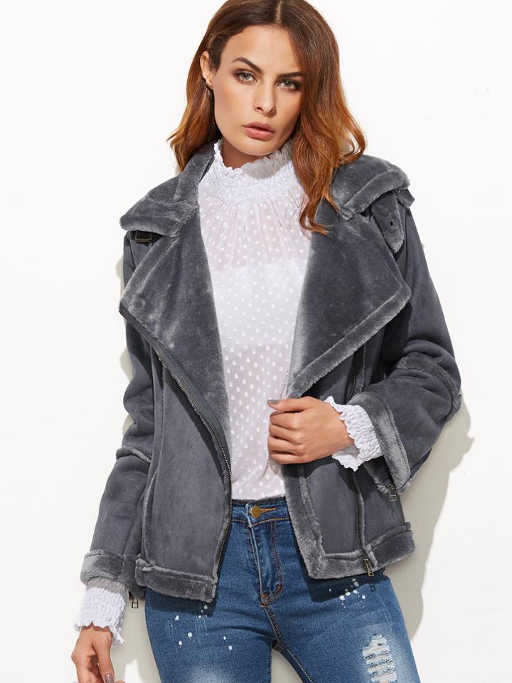 Romwe Dark Grey Oblique Zipper Suede Jacket