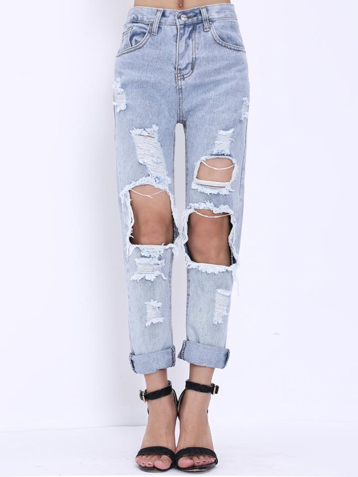 Romwe Light Blue Ripped Denim Pant