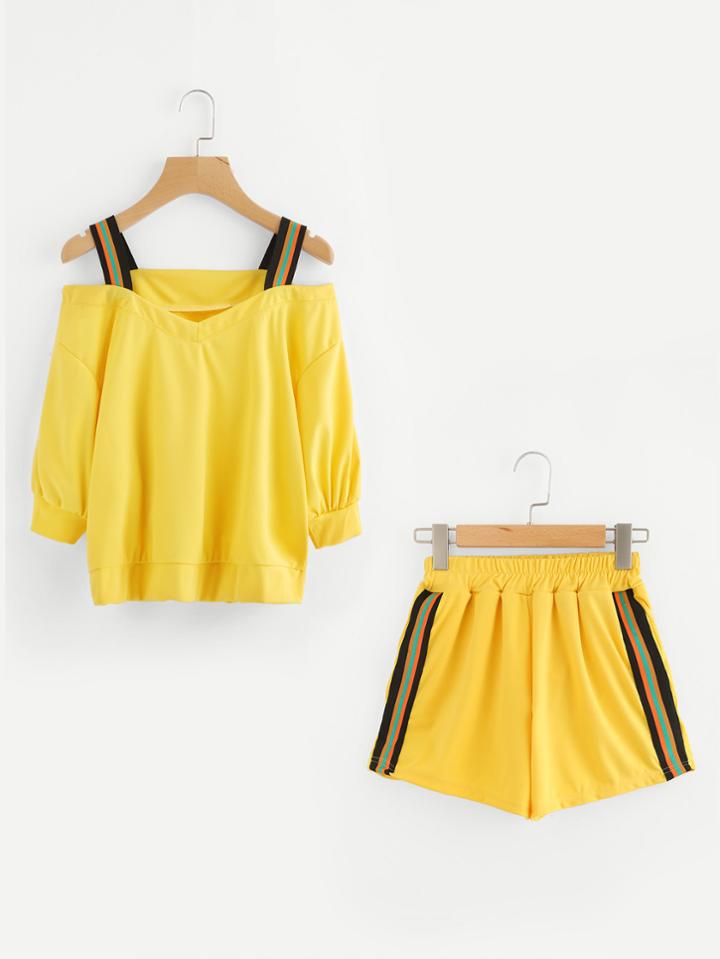 Romwe Open Shoulder Striped Strap Top With Side Striped Shorts
