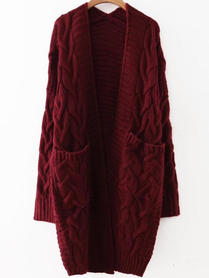 Romwe Red Cable Knit Front Pocket Long Sweater Coat