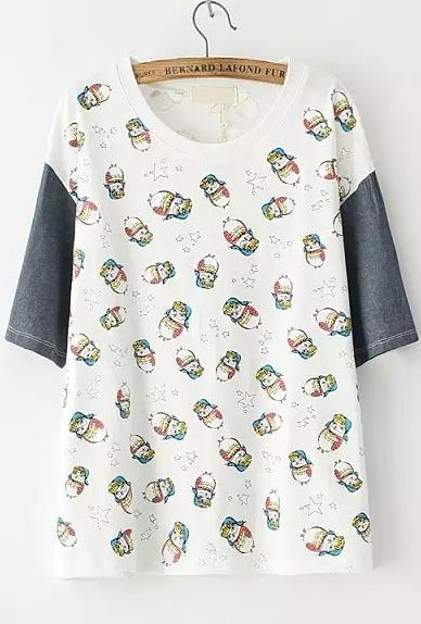 Romwe Contrast Sleeve Owl Print White T-shirt