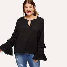 Romwe Plus Keyhole Flounce Sleeve Blouse