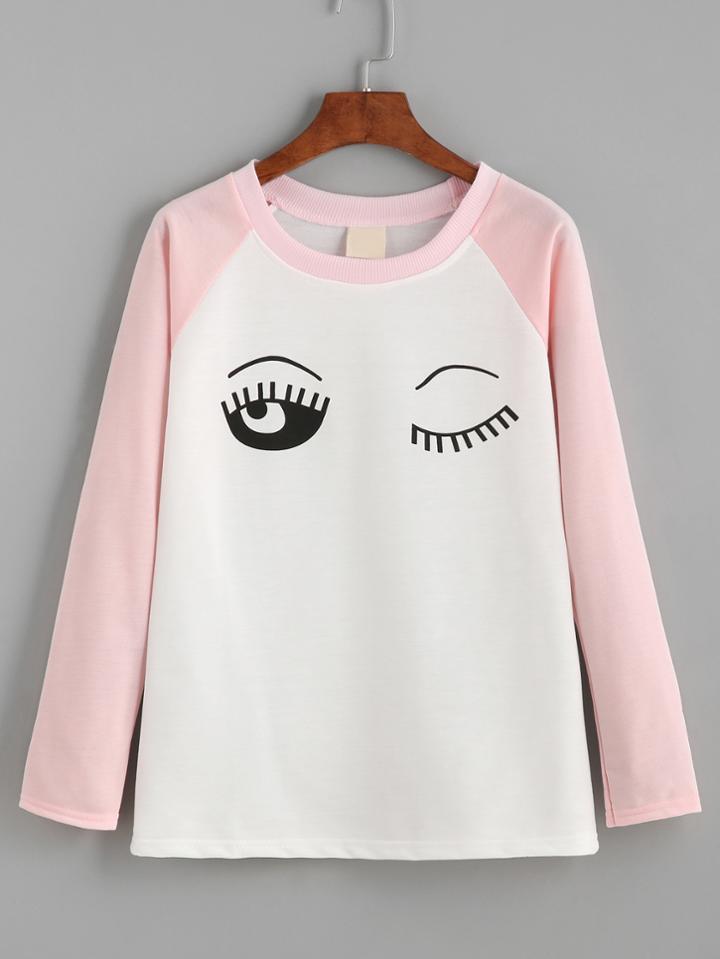 Romwe Contrast Raglan Sleeve Eyelash Print T-shirt