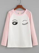 Romwe Contrast Raglan Sleeve Eyelash Print T-shirt