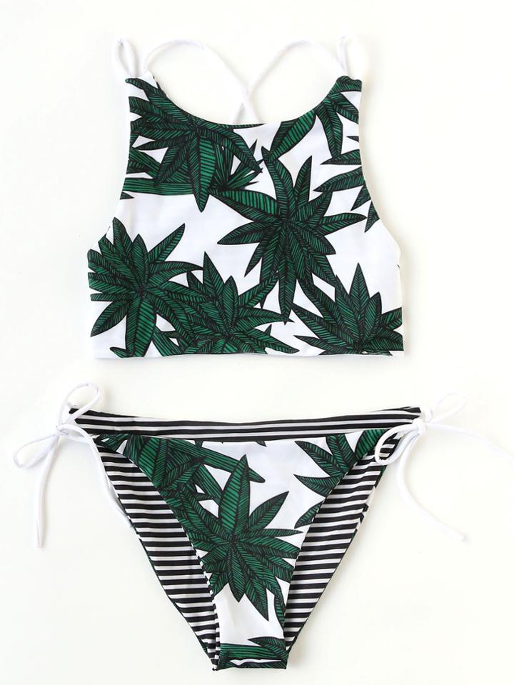 Romwe Green Tropic Print Side Tie Tankini Set