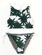 Romwe Green Tropic Print Side Tie Tankini Set