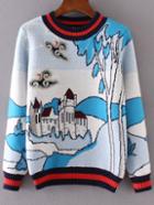 Romwe Blue Striped Trim Graphic Embroidery Sweater