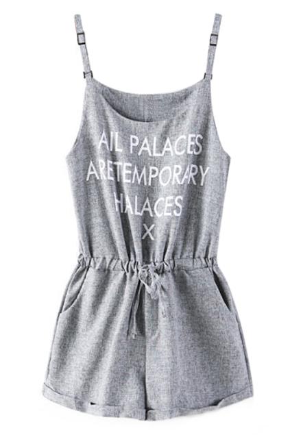 Romwe Letter Print Drawstring Rolled Light-grey Playsuit