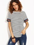 Romwe Black And White Stripe Embroidered Tape Detail T-shirt
