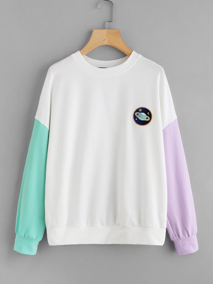 Romwe Embroidered Patch Detail Contrast Sleeve Pullover