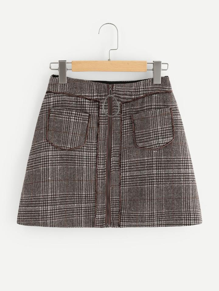 Romwe Ring Zipper Up Plaid Skirt