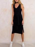 Romwe V-neck Tie-front Side Slit Tank Dress - Black