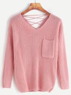 Romwe Pink V Neck Lace Up Back Pocket Sweater