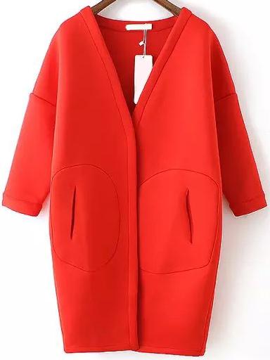 Romwe V Neck Pockets Red Coat