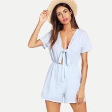 Romwe Tie Front Striped Romper
