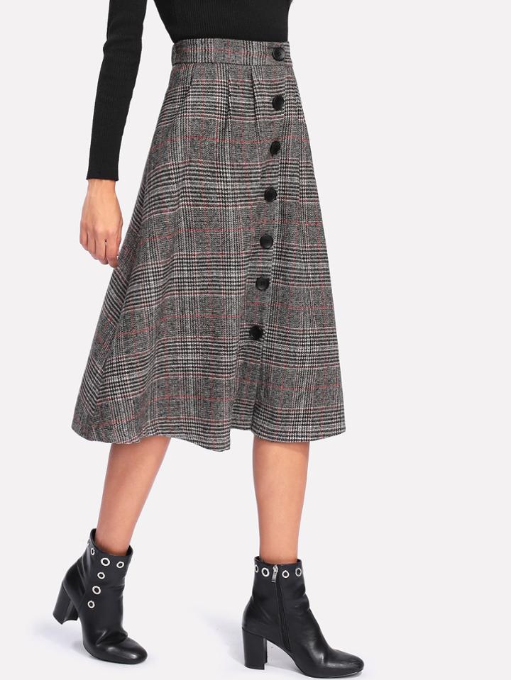 Romwe Wales Check Single Breasted Skirt