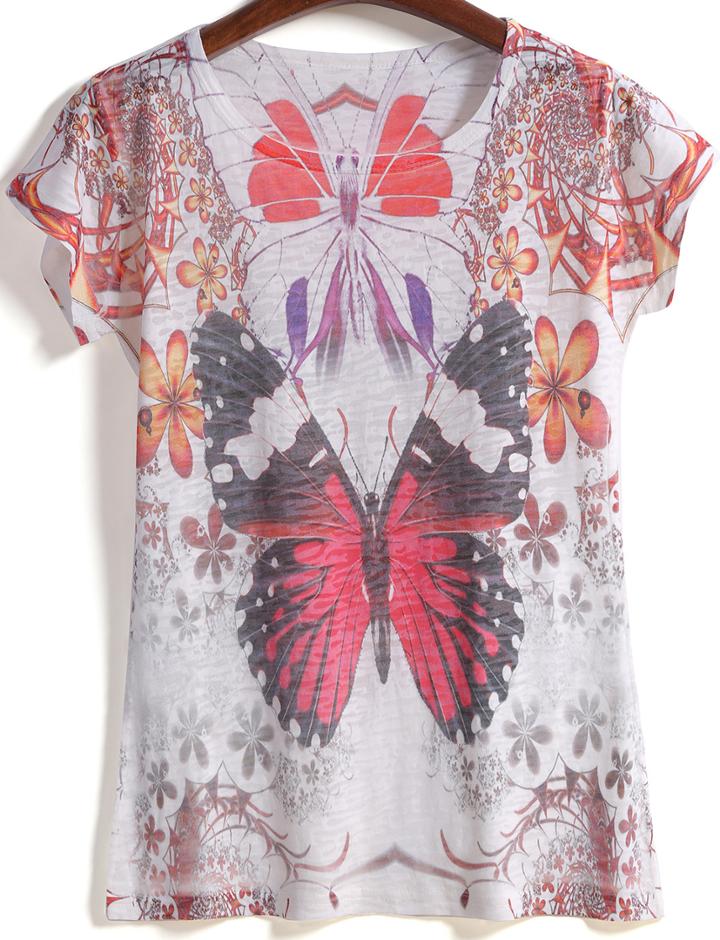 Romwe Butterfly Print Round Neck T-shirt