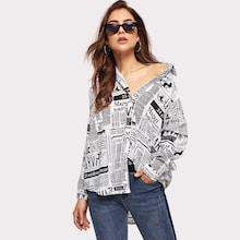 Romwe Newspaper Print Curved Hem Shirt