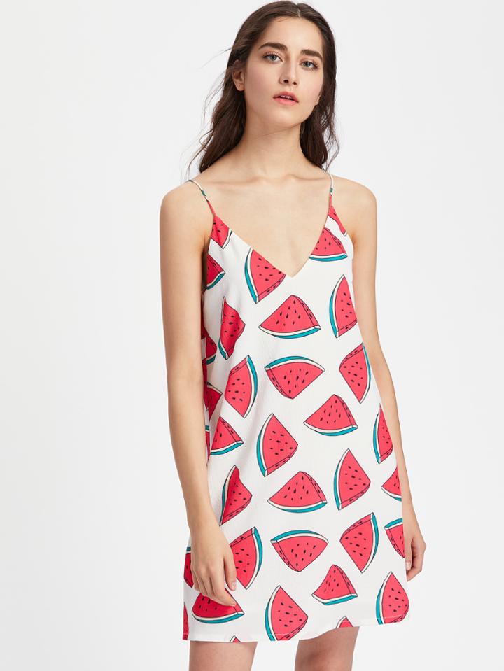 Romwe Watermelon Print Double V Neck Cami Dress