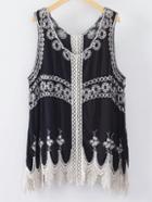 Romwe Black Embroidery Hollow Tank Top