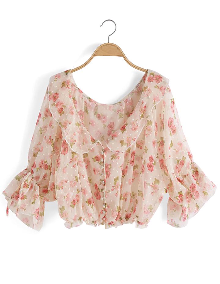 Romwe Doll Neck Ruffle Florals Chiffon Apricot Top