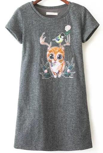 Romwe Grey Short Sleeve Cat Embroidered Dress