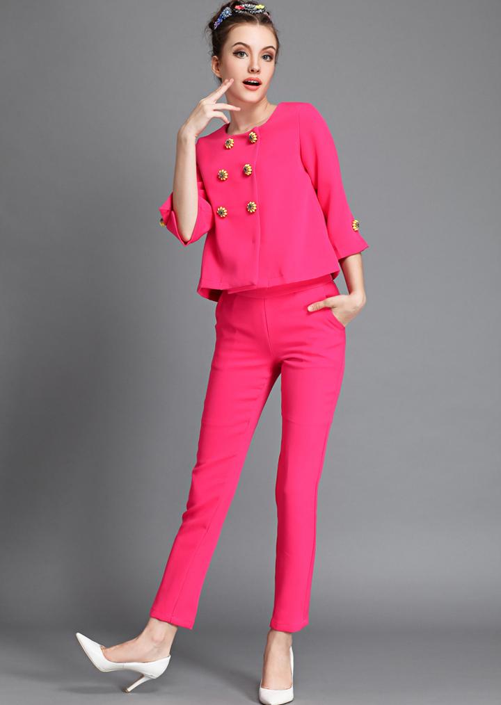 Romwe Rose Red Half Sleeve Bead Top With Slim Pant