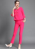 Romwe Rose Red Half Sleeve Bead Top With Slim Pant