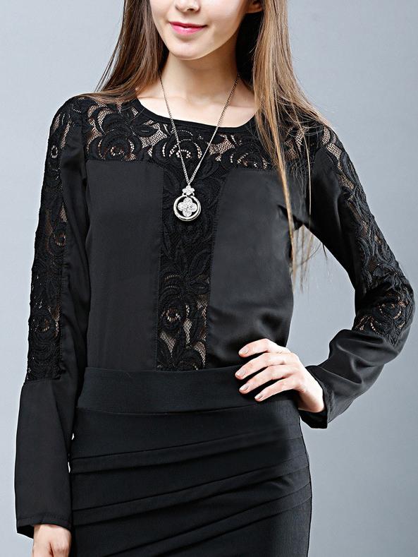 Romwe Round Neck Lace Insert Black Blouse