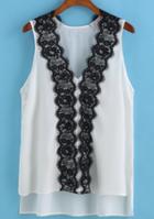 Romwe V Neck Contrast Lace White Tank Top