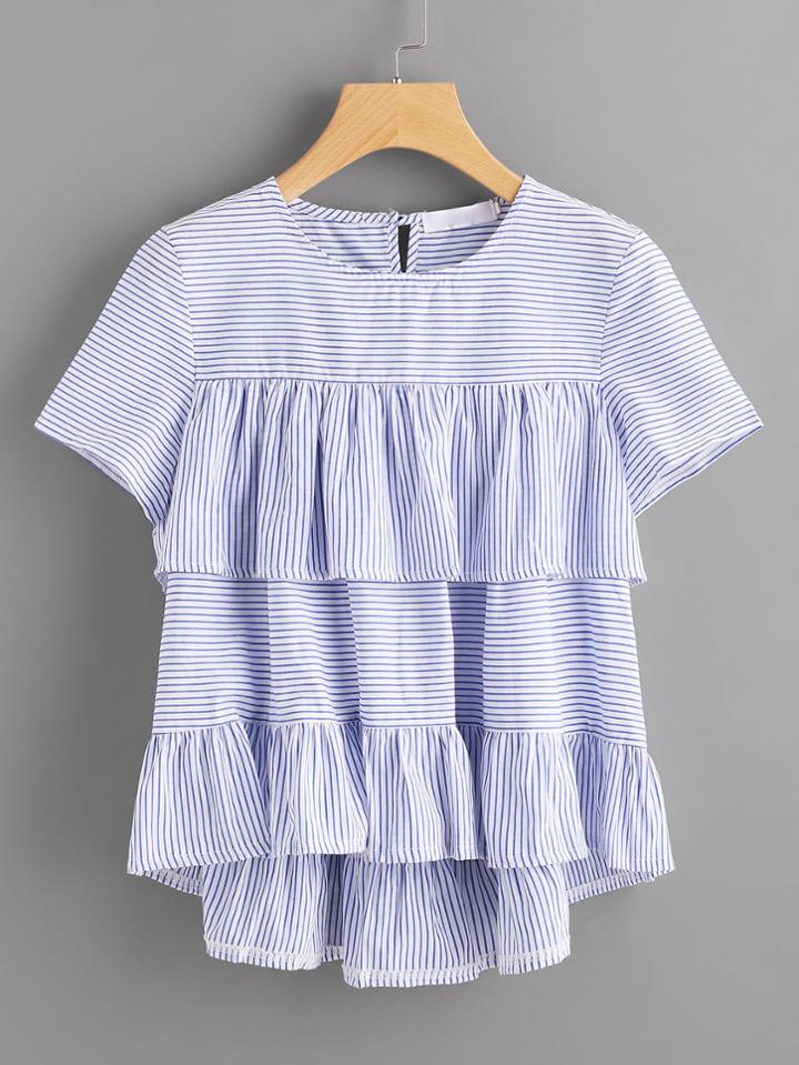 Romwe Tiered Frill Trim Striped Dip Hem Blouse