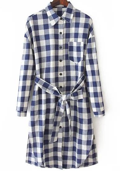 Romwe Blue White Lapel Plaid Belt Blouse
