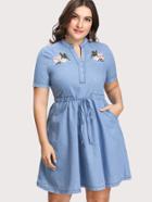 Romwe Flower Embroidered Drawstring Waist Denim Dress