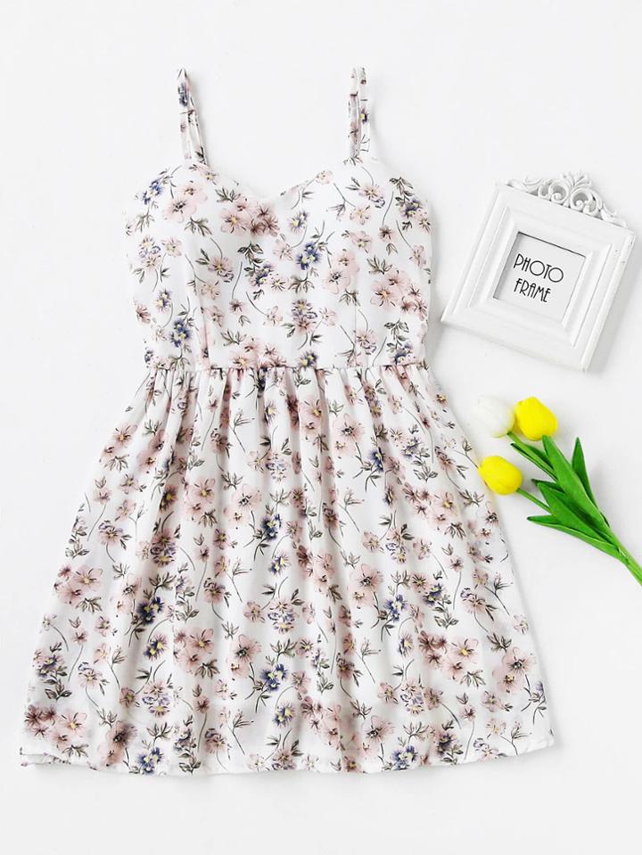 Romwe Ditsy Print Shirred Back Cami Dress