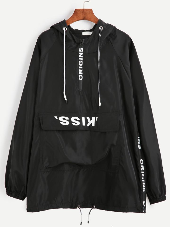 Romwe Black Letter Print Drawstring Hooded Sweatshirt With Pocket