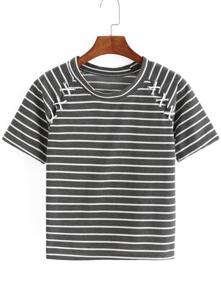 Romwe Raglan Sleeve Striped Lace Up Eyelet T-shirt