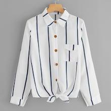 Romwe Striped Single Breasted Knot Blouse