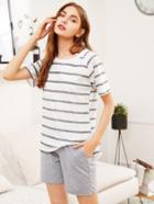 Romwe Step Hem Striped Tee & Shorts Pj Set