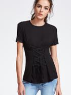 Romwe Black Lace Up Front Short Sleeve T-shirt