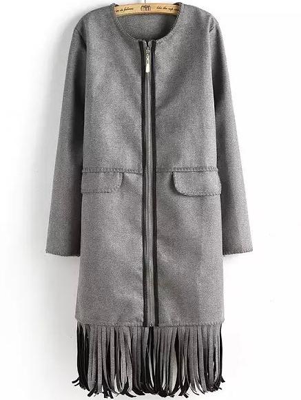 Romwe Round Neck Zipper Tassel Grey Coat