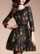 Romwe Multicolor Round Neck Length Sleeve Jacquard Dress