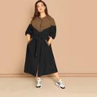 Romwe Plus Zip Up Color-block Belted Belted Coat